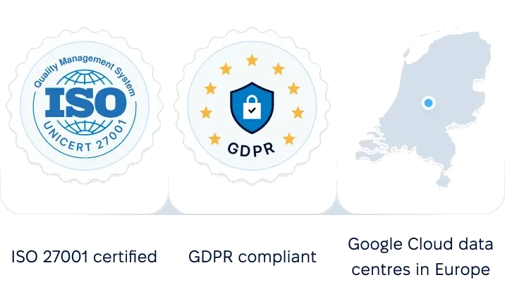 ISO 27001 certified, GDPR compliant, Google Cloud data centres in Europe