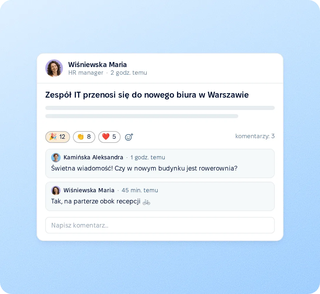 Kanał aktualności firmy z reakcjami i komentarzami