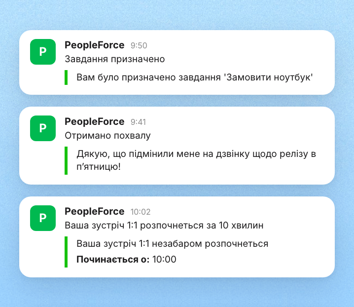 Сповіщення про завдання, згадки, похвали й опитування