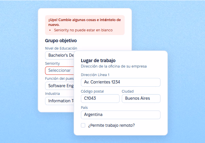 Campos de grupo objetivo y lugar de trabajo
