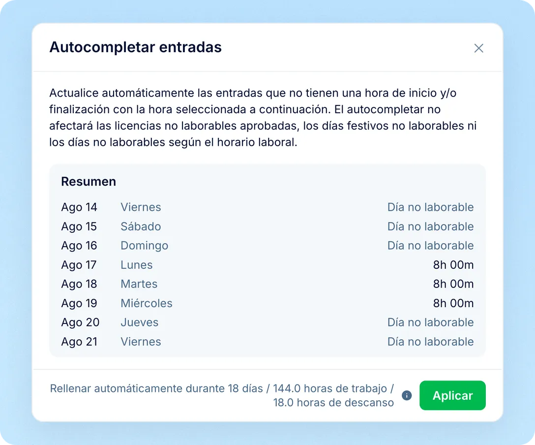 Temporizador, registros manuales y autocompletado