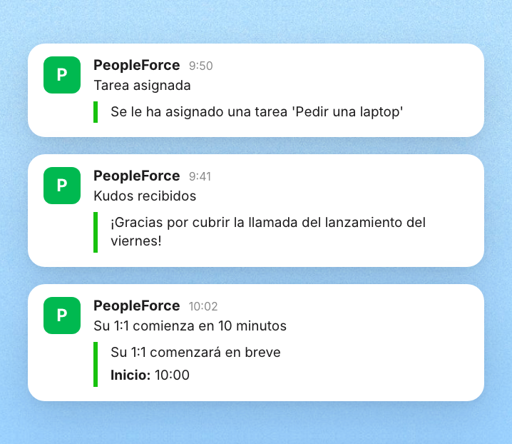 Notificaciones de tareas, menciones, kudos y encuestas