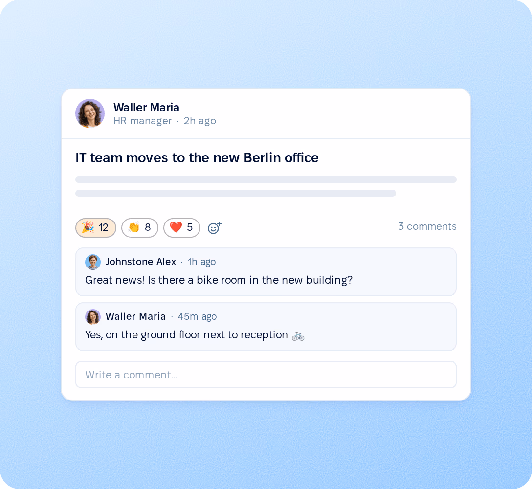 Company feed with reactions and comments