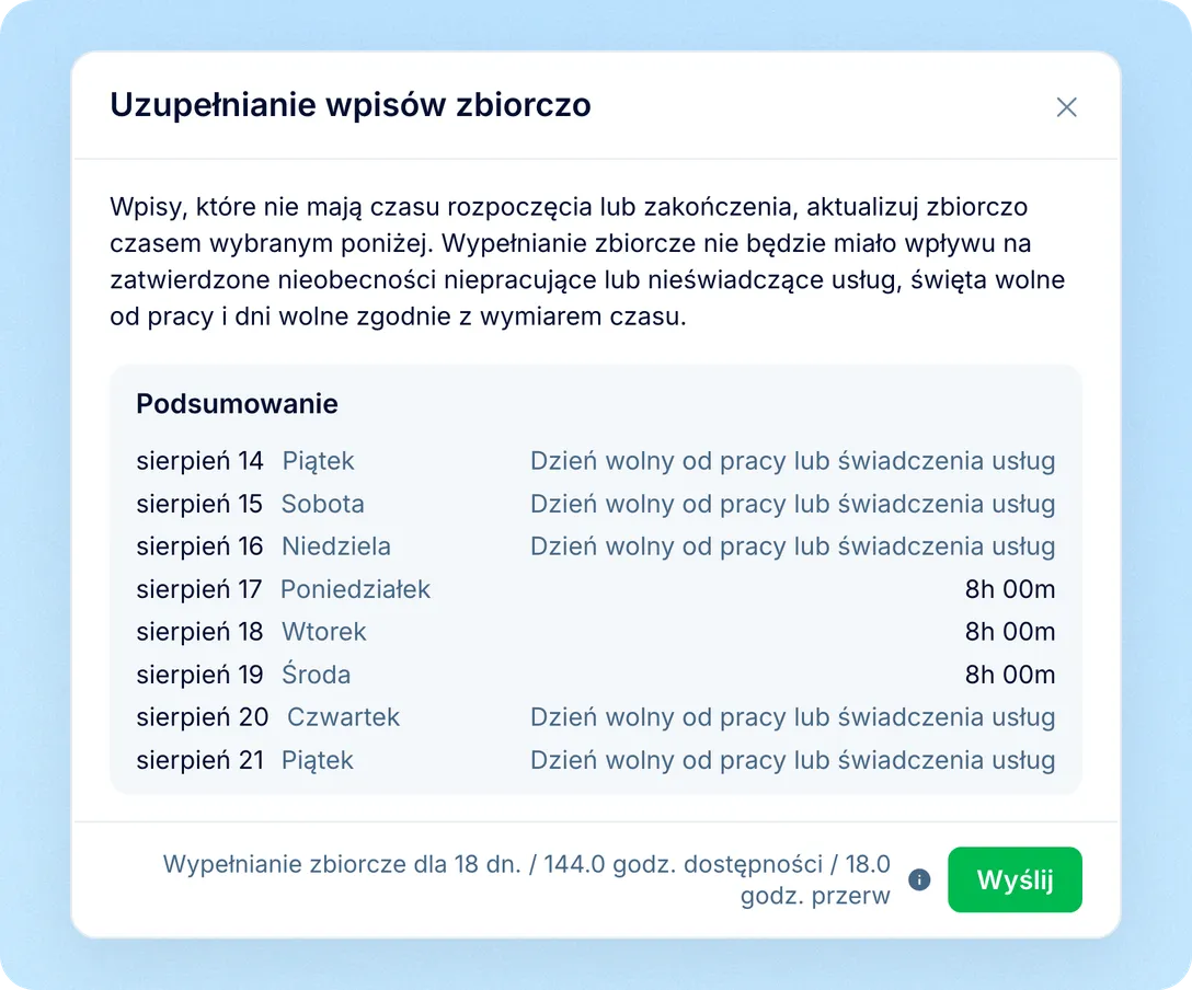 Timer, wpisy ręczne i zbiorcze wypełnianie