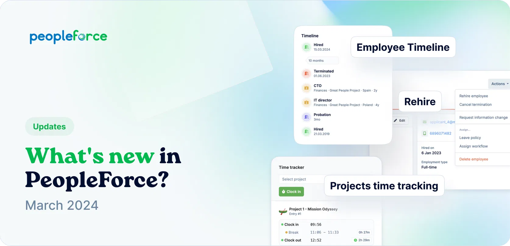 Enhanced rehiring process, Timeline widget for the employee lifecycle history, time tracking projects & more