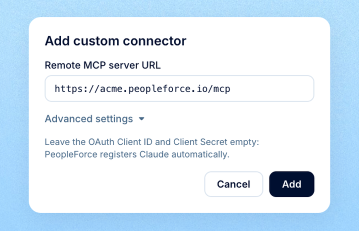 Step 1: Add PeopleForce as a custom connector